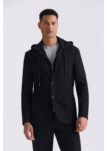Siyah Slim Fit Mono Yaka Kapüşonlu Spor Takım Elbise