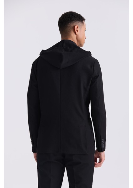 Siyah Slim Fit Mono Yaka Kapüşonlu Spor Takım Elbise