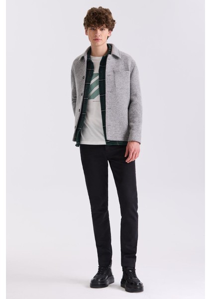 Gri Slim Fit Berberi Yaka Yünlü Kaşe Kaban