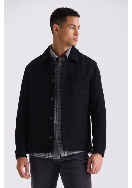Siyah Slim Fit Berberi Yaka Yünlü Kaşe Kaban