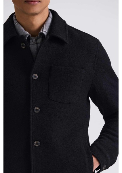 Siyah Slim Fit Berberi Yaka Yünlü Kaşe Kaban