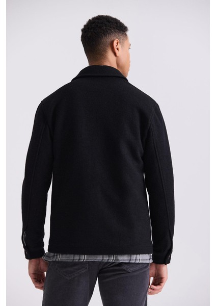 Siyah Slim Fit Berberi Yaka Yünlü Kaşe Kaban