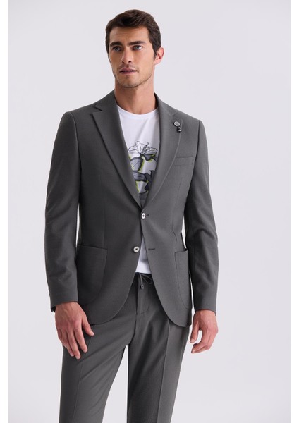 Haki Slim Fit Sivri Yaka Spor Takım Elbise