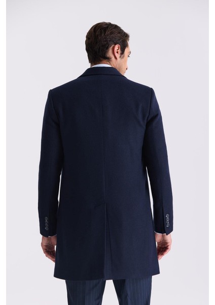 Lacivert Comfort Fit Mono Yaka Yan Cep Kaşe Kaban