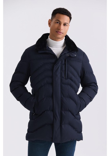 Lacivert Regular Fit Yaka Kürklü Kışlık Mont Mont