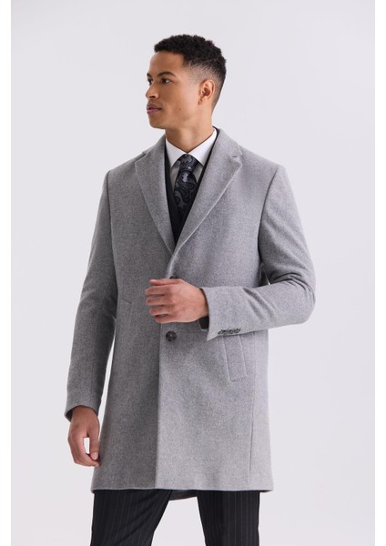 Gri Comfort Fit Mono Yaka Yan Cep Kaşe Kaban