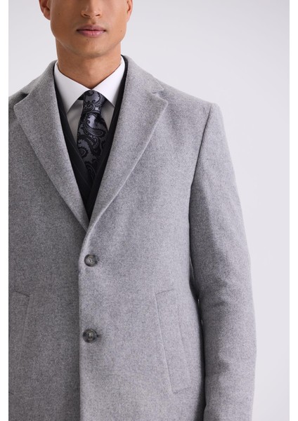 Gri Comfort Fit Mono Yaka Yan Cep Kaşe Kaban