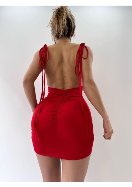 Kırmızı Omuzdan Bağlamalı Sırtı Açık Bodycon