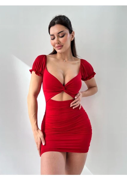 Pink Life Kırmızı Kısa Kol Pencere Detay Bodycon Mini Elbise