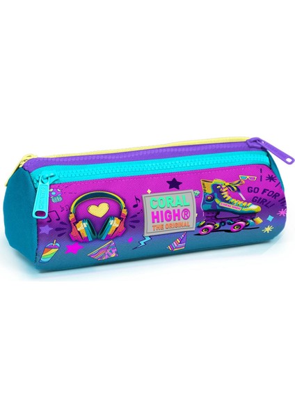 Kids Pembe Turkuaz Kulaklık Paten Desenli Üç Bölmeli Kalem Çantası 22054
