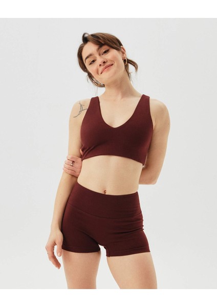 Kadın Bordo Kahverengi Mini Şort - Gots Sertifikalı, Yüksek Bel, Önü Dikişsiz, Esnek Yazlık Spor Şort fiyatları