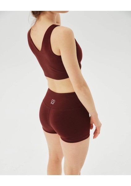 Kadın Bordo Kahverengi Mini Şort - Gots Sertifikalı, Yüksek Bel, Önü Dikişsiz, Esnek Yazlık Spor Şort fırsatları