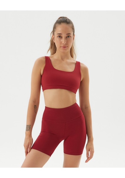 Kadın Bordo Koyu Kırmızı Biker Şort - Gots Sertifikalı, Yüksek Bel, Çift Kat Korsaj, Üst Bacak Boyunda Spor Şort