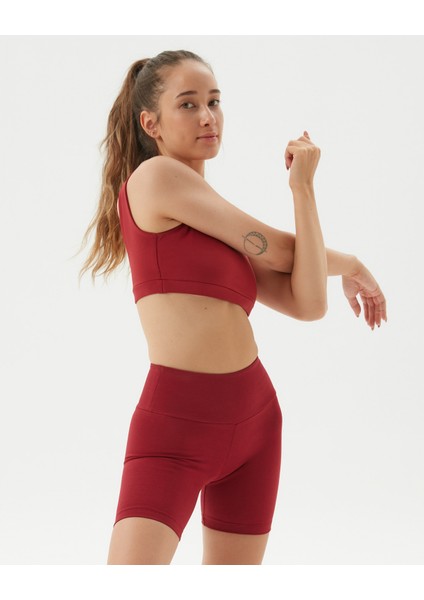 Kadın Bordo Koyu Kırmızı Biker Şort - Gots Sertifikalı, Yüksek Bel, Çift Kat Korsaj, Üst Bacak Boyunda Spor Şort modelleri
