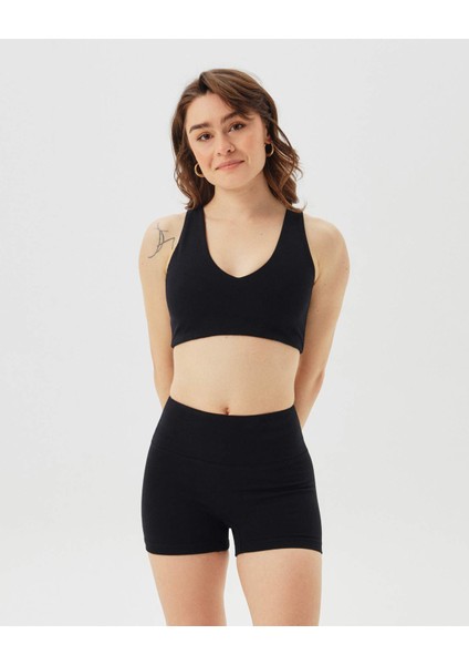 Kadın Siyah Mini Şort - Gots Sertifikalı, Yüksek Bel, Önü Dikişsiz, Esnek Yazlık Spor Şort