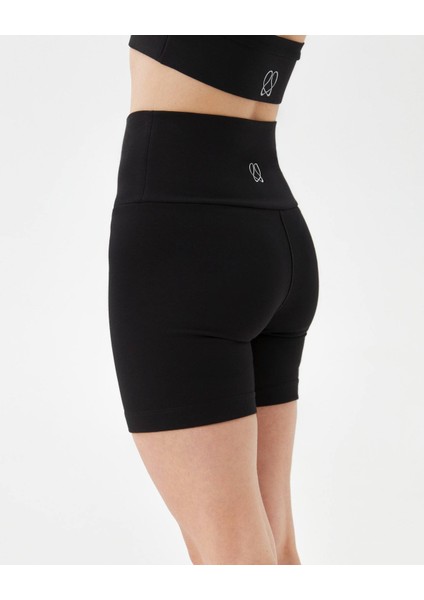 Kadın Siyah Viskoz Şort - EcoVero Viskoz Yüksek Bel, Önü Dikişsiz, Çift Kat Kumaş, Yoga Pilates Biker Şort