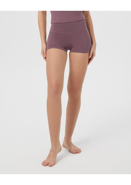 Kadın Lila Mini Boxer Şort - EcoVero Viskoz, Yüksek Bel, Çift Kat Kumaş, Önü Dikişsiz, Rahat Viskoz Şort