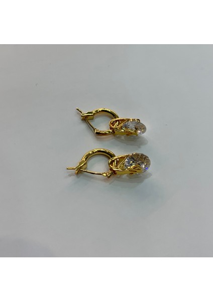 Kadın Gold Renk Zirkon Taşlı Klipsli Rodyum Kaplama Küpe 2'li