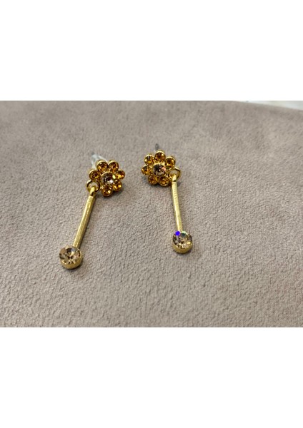 Kadın Gold Renk Zirkon Taşlı Klipsli Rodyum Kaplama Sallantılı Çiçek Küpe 2'li