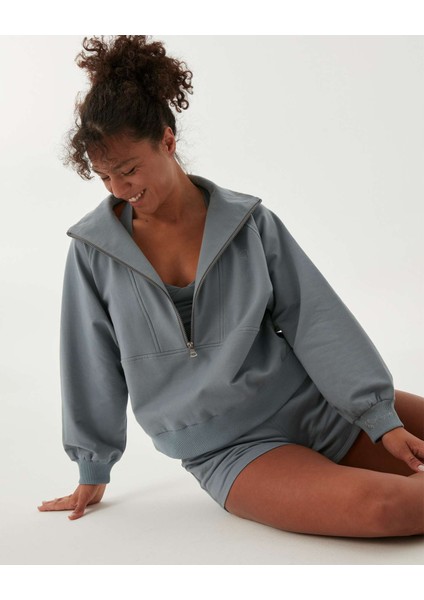 Kadın Mavi Dik Yaka Sweatshirt - Yarı Fermuarlı Sweat, Uzun Kollu, Sertifikalı Organik Pamuk, Nefes Alan Kumaş, Günlük ve Spor Eşofman Üstü fırsatları