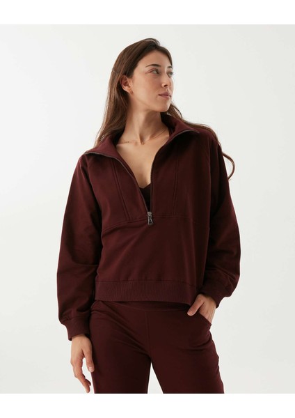 Kadın Bordo Kahverengi Dik Yaka Sweatshirt - Yarı Fermuarlı Sweat, Uzun Kollu, Sertifikalı Organik Pamuk, Nefes Alan Kumaş, Günlük ve Spor Eşofman Üstü