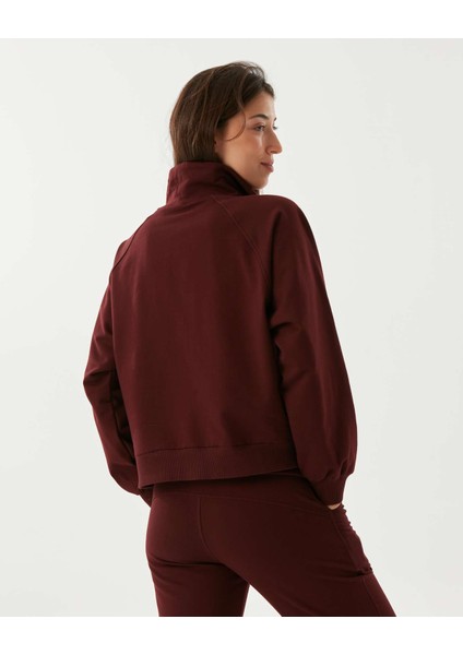 Kadın Bordo Kahverengi Dik Yaka Sweatshirt - Yarı Fermuarlı Sweat, Uzun Kollu, Sertifikalı Organik Pamuk, Nefes Alan Kumaş, Günlük ve Spor Eşofman Üstü fiyatları
