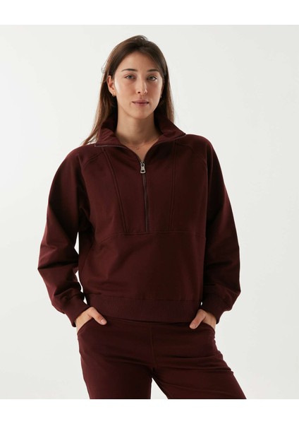 Kadın Bordo Kahverengi Dik Yaka Sweatshirt - Yarı Fermuarlı Sweat, Uzun Kollu, Sertifikalı Organik Pamuk, Nefes Alan Kumaş, Günlük ve Spor Eşofman Üstü modelleri