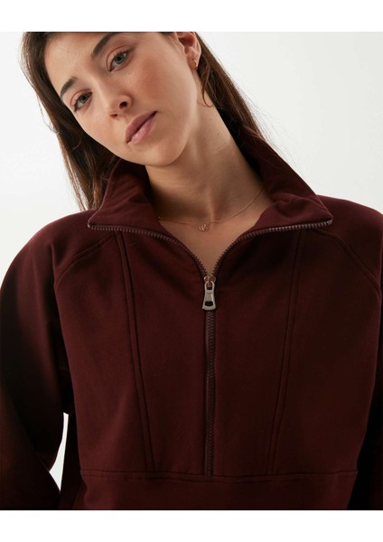 Kadın Bordo Kahverengi Dik Yaka Sweatshirt - Yarı Fermuarlı Sweat, Uzun Kollu, Sertifikalı Organik Pamuk, Nefes Alan Kumaş, Günlük ve Spor Eşofman Üstü fırsatları