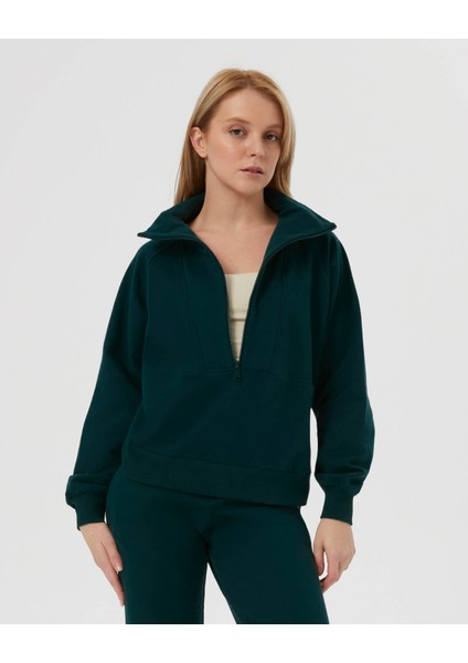 Kadın Koyu Yeşil Dik Yaka Sweatshirt - Yarı Fermuarlı Sweat, Uzun Kollu, Sertifikalı Organik Pamuk, Nefes Alan Kumaş, Günlük ve Spor Eşofman Üstü