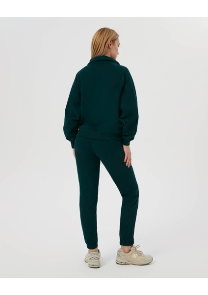 Kadın Koyu Yeşil Dik Yaka Sweatshirt - Yarı Fermuarlı Sweat, Uzun Kollu, Sertifikalı Organik Pamuk, Nefes Alan Kumaş, Günlük ve Spor Eşofman Üstü fiyatları