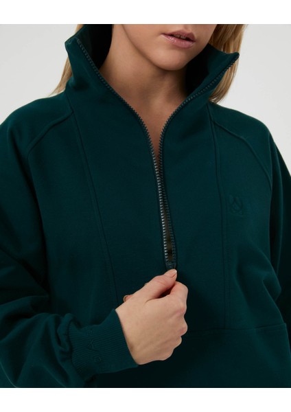 Kadın Koyu Yeşil Dik Yaka Sweatshirt - Yarı Fermuarlı Sweat, Uzun Kollu, Sertifikalı Organik Pamuk, Nefes Alan Kumaş, Günlük ve Spor Eşofman Üstü modelleri