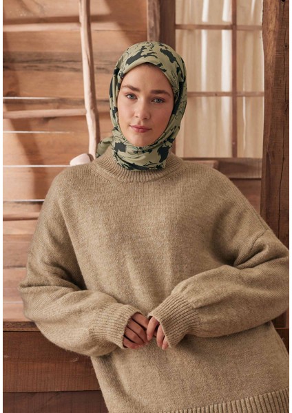 Peony Desen Pamuk Ipek Eşarp Yeşil