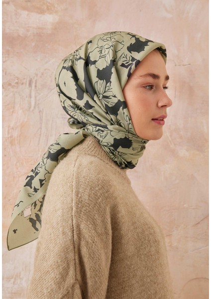 Peony Desen Pamuk Ipek Eşarp Yeşil