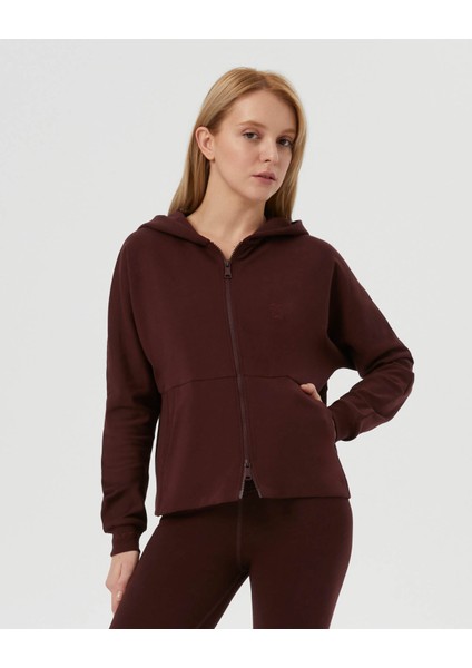 Kadın Bordo Kahverengi Fermuarlı Hoodie - Kapüşonlu, Fermuarlı, Uzun Kollu, Sertifikalı Organik Pamuk, Spor ve Günlük Kapüşonlu Eşofman Üstü