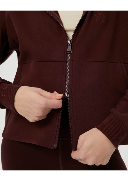 Kadın Bordo Kahverengi Fermuarlı Hoodie - Kapüşonlu, Fermuarlı, Uzun Kollu, Sertifikalı Organik Pamuk, Spor ve Günlük Kapüşonlu Eşofman Üstü modelleri
