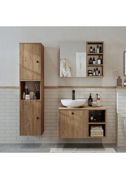 Lavabolu Mdf 75 cm Lotus Çekmeceli Banyo Dolabı + Aynalı Üst Dolabı + Banyo Boy Dolabı