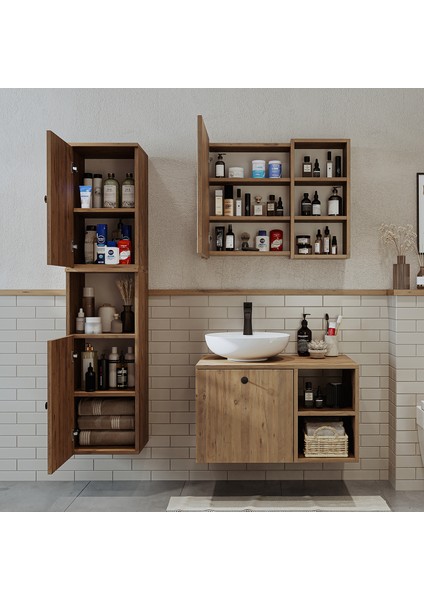 Lavabolu Mdf 75 cm Lotus Çekmeceli Banyo Dolabı + Aynalı Üst Dolabı + Banyo Boy Dolabı fiyatları