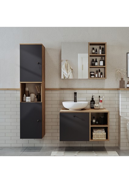 Lavabolu Mdf 75 cm Lotus Çekmeceli Banyo Dolabı + Aynalı Üst Dolabı + Banyo Boy Dolabı