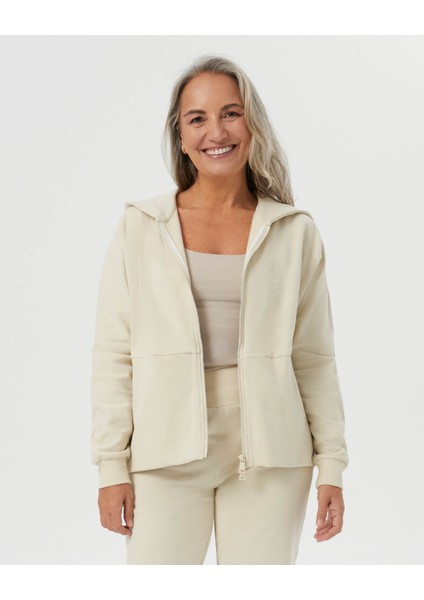 Kadın Bej Krem Fermuarlı Hoodie - Kapüşonlu, Fermuarlı, Uzun Kollu, Sertifikalı Organik Pamuk, Spor ve Günlük Kapüşonlu Eşofman Üstü