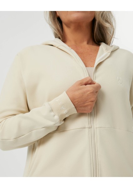Kadın Bej Krem Fermuarlı Hoodie - Kapüşonlu, Fermuarlı, Uzun Kollu, Sertifikalı Organik Pamuk, Spor ve Günlük Kapüşonlu Eşofman Üstü modelleri