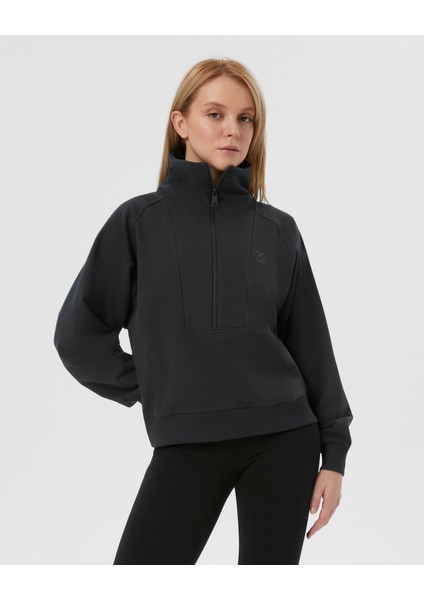 Kadın Antrasit Koyu Gri Dik Yaka Sweatshirt - Yarı Fermuarlı Sweat, Uzun Kollu, Sertifikalı Organik Pamuk, Nefes Alan Kumaş, Günlük ve Spor Eşofman Üstü