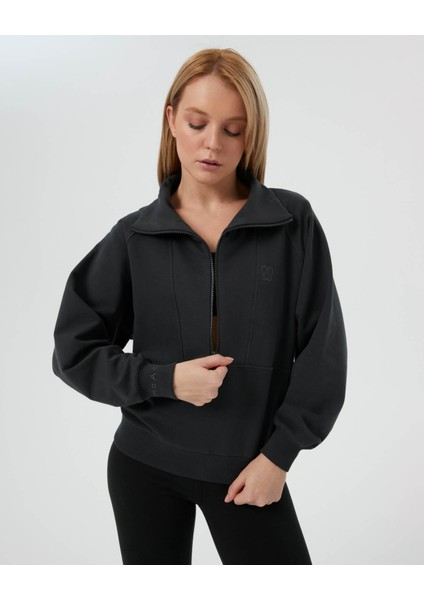 Kadın Antrasit Koyu Gri Dik Yaka Sweatshirt - Yarı Fermuarlı Sweat, Uzun Kollu, Sertifikalı Organik Pamuk, Nefes Alan Kumaş, Günlük ve Spor Eşofman Üstü fırsatları