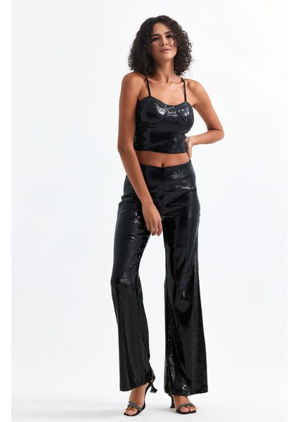 Geniş Paçalı Payet Pantolon | PNT32440 Siyah