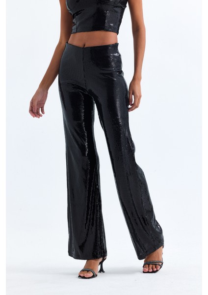 Geniş Paçalı Payet Pantolon | PNT32440 Siyah fırsatları