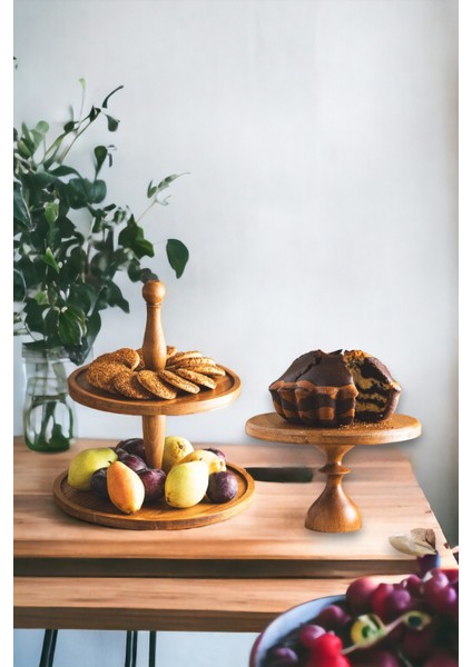 Justwood 2 Li 2 Katlı Kek Stantı ve 25/14 cm Mummy Pasta Sunumluk Seti