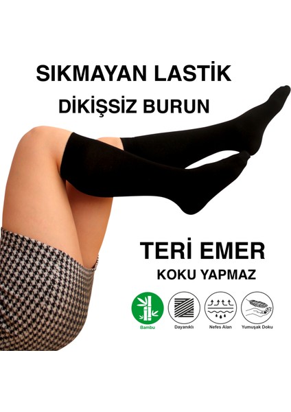 Tek Çift Teni Göstermeyen Yumuşak Dikişsiz Dizaltı Uzun Bambu Kadın Premium Siyah Çorap 36 - 42 Beden