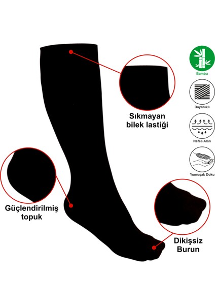 Tek Çift Teni Göstermeyen Yumuşak Dikişsiz Dizaltı Uzun Bambu Kadın Premium Siyah Çorap 36 - 42 Beden