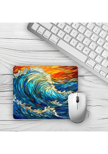 Mavi Turuncu Renkli Dalgalar Tasarımlı Baskılı Kaydırmaz Taban 18X22 cm Mouse Pad