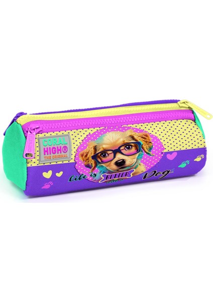 Kids Sarı Pembe Sevimli Köpek Desenli Üç Bölmeli Kalem Çantası 22052