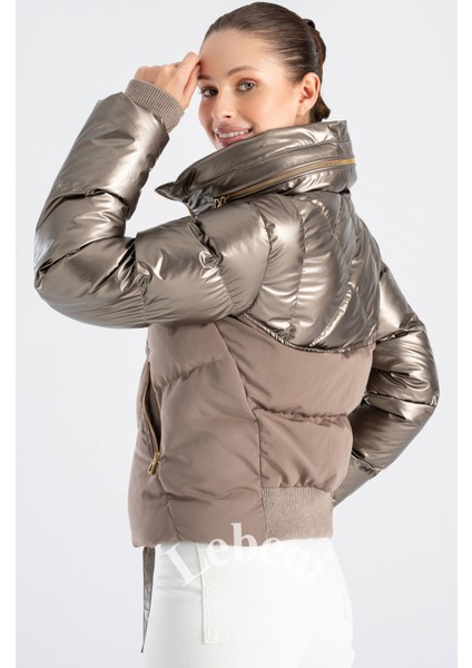 Kadın Şişme Kış ve Kayak Montu Gizli Kapüşonlu Parlak ve Mat Kumaş Puffer